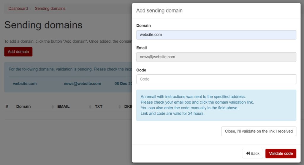 email campaign sending domain validation code